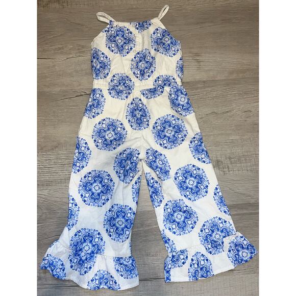 Janie and Jack X Rachel Zoe Blue and White boho wide leg eyelet jumpsuit size 4 - Picture 1 of 4